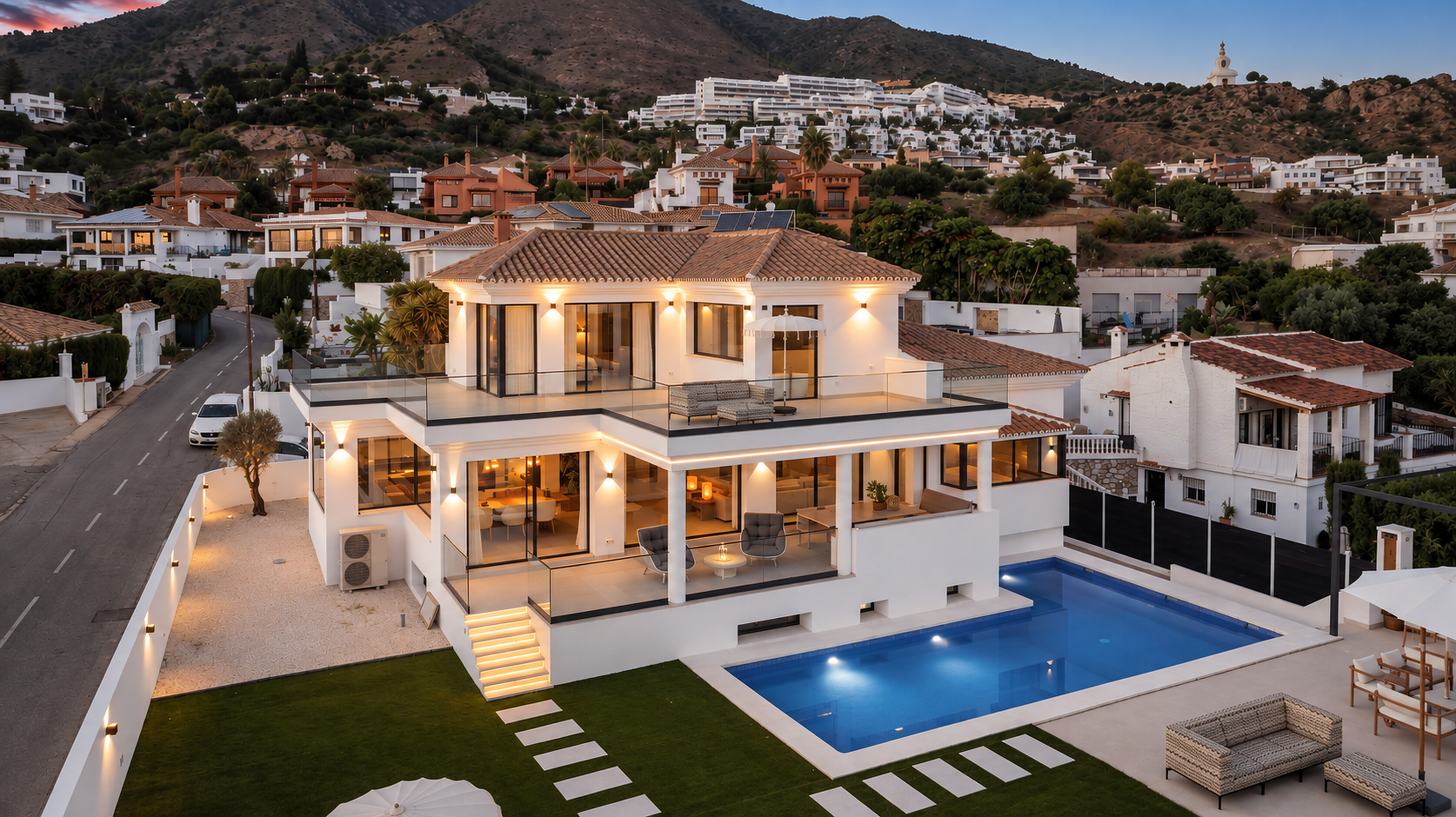 Villa Solaya at dusk with pool
